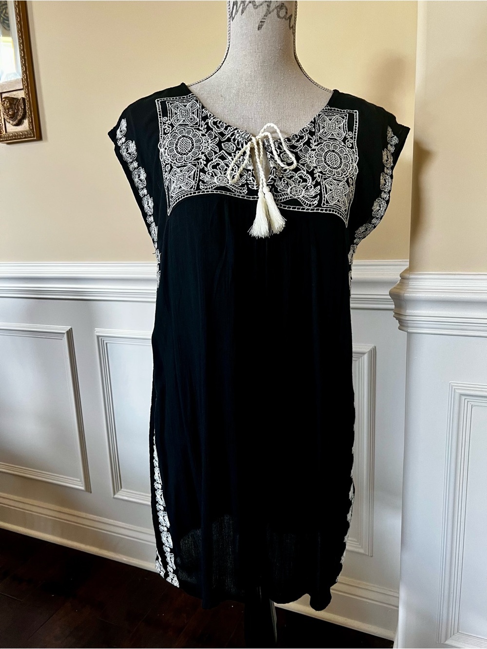 Floral Embroidered Boho Black & Ivory Peasant Tunic Dress with Beige Tassel Tie.
